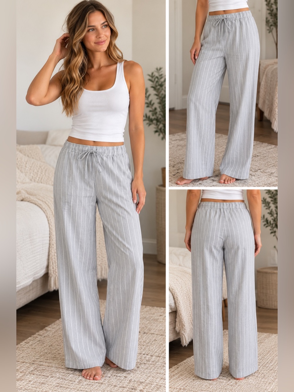 GapBody Gray & White Pinstripe wide leg Cotton Poplin Pajama Pants M